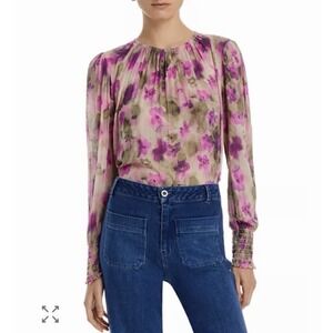 Bella Dahl Women M Floral Purple Top Smocked Long Sleeve Flowy Rayon Blouse